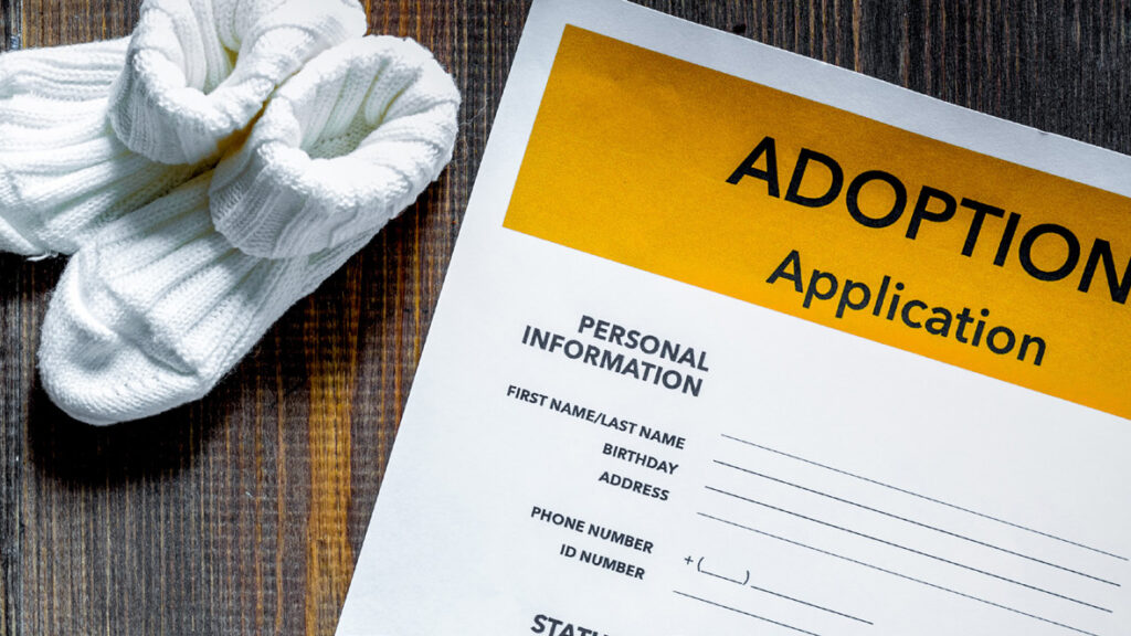 Moccasins on a table next to an adoption application.