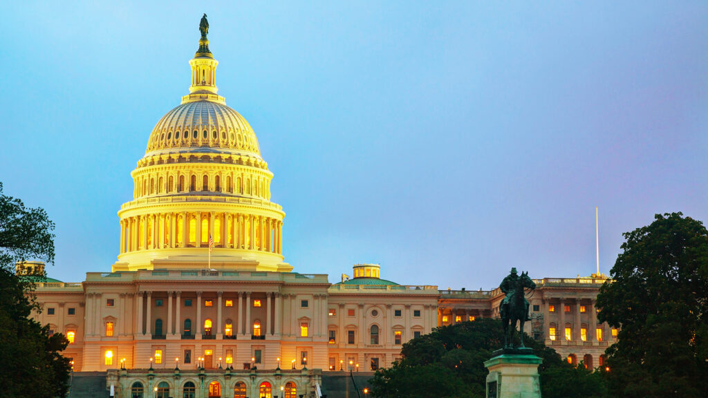 United States Capitol building in Washington, DC at sunset