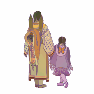 Illustration with a girl and her mother in regalia. Mother has a cradleboard with a baby on her back.