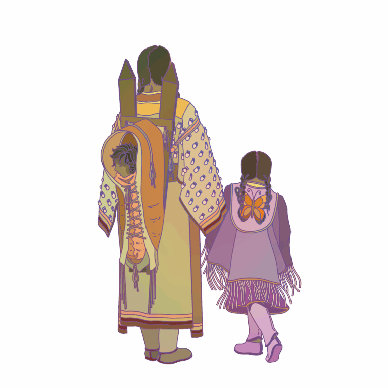 Illustration with a girl and her mother in regalia. Mother has a cradleboard with a baby on her back.