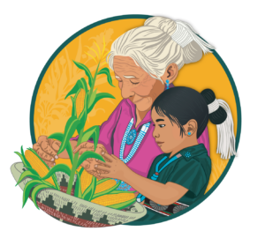 An Elder and young girl gather corn together in a woven basket. They are encircled by a geometric pattern.