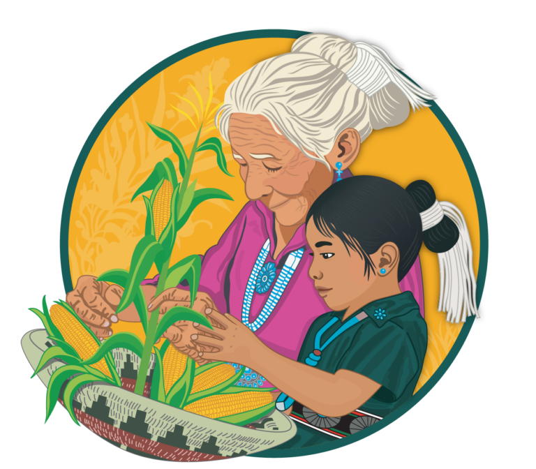 An Elder and young girl gather corn together in a woven basket. They are encircled by a geometric pattern.