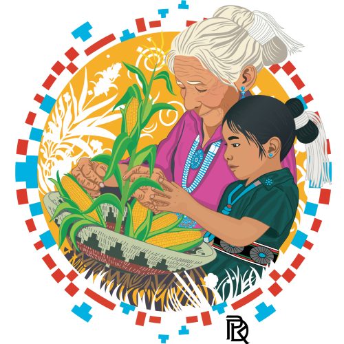 An Elder and young girl gather corn together in a woven basket. They are encircled by a geometric pattern.